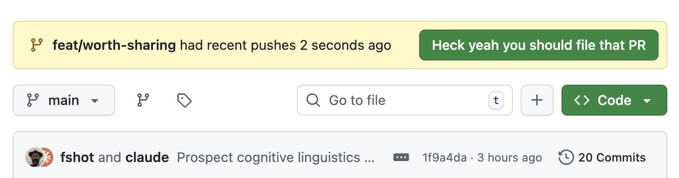 A Github screenshot with a button marked "Heck yeah you should file that PR"