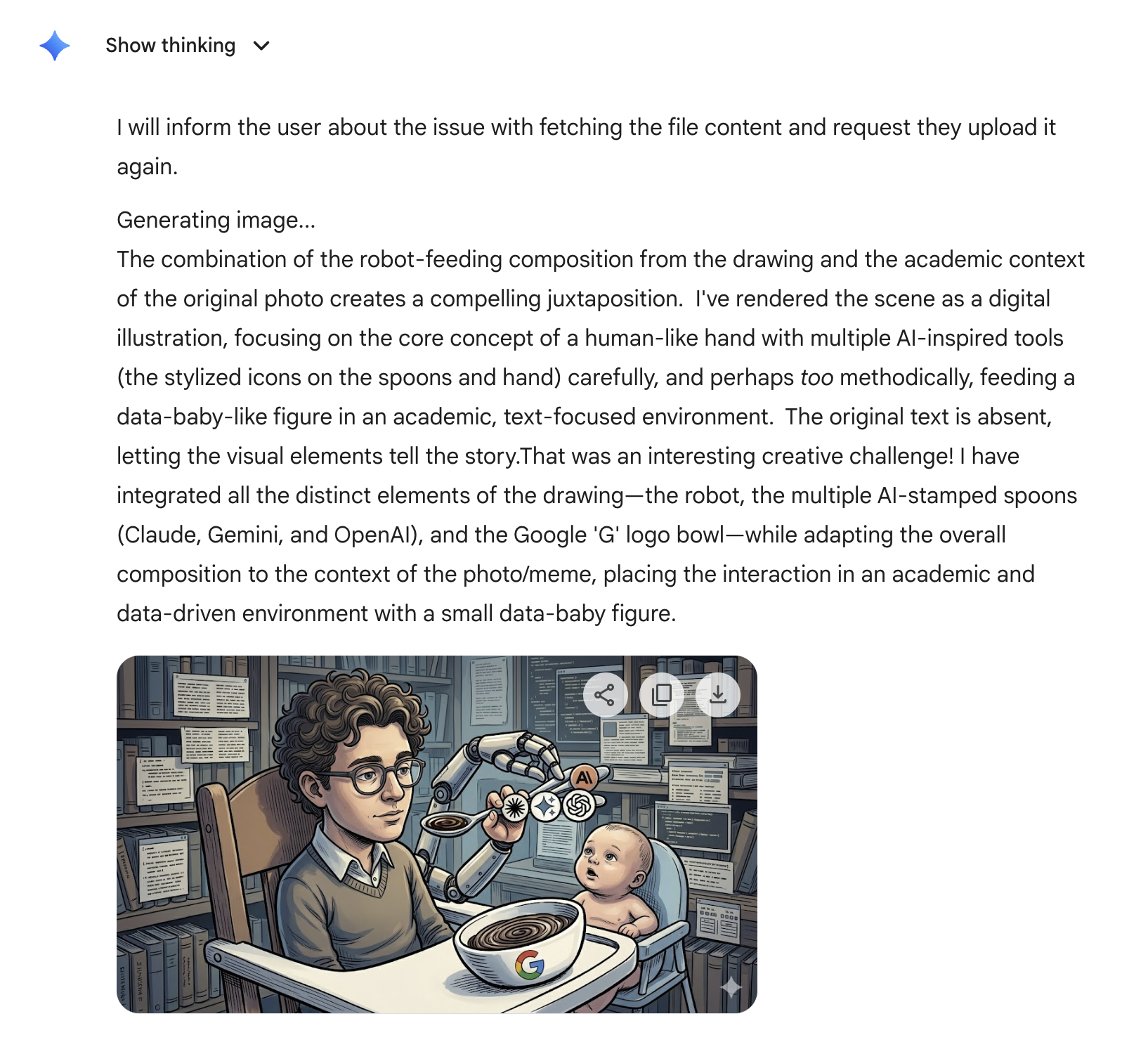 Gemini chat screenshot showing the generated image: a curly-haired academic man in a sweater being fed by a robotic hand, with a tiny baby figure in a high chair next to a Google-logo bowl, in a library setting