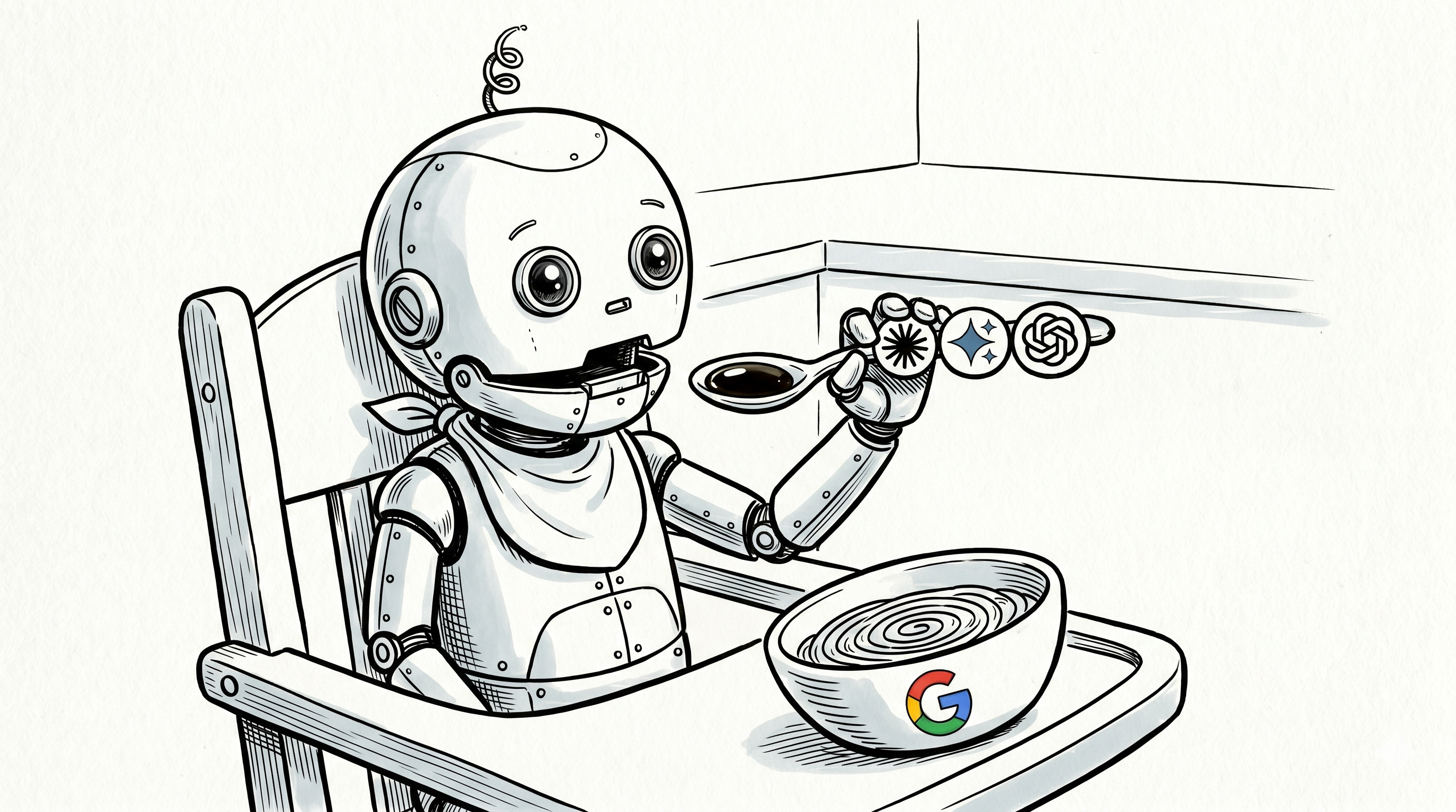 New Yorker cartoon style baby cyborg being fed from a Google Workspace logoed bowl with an AI-logoed spoon.
